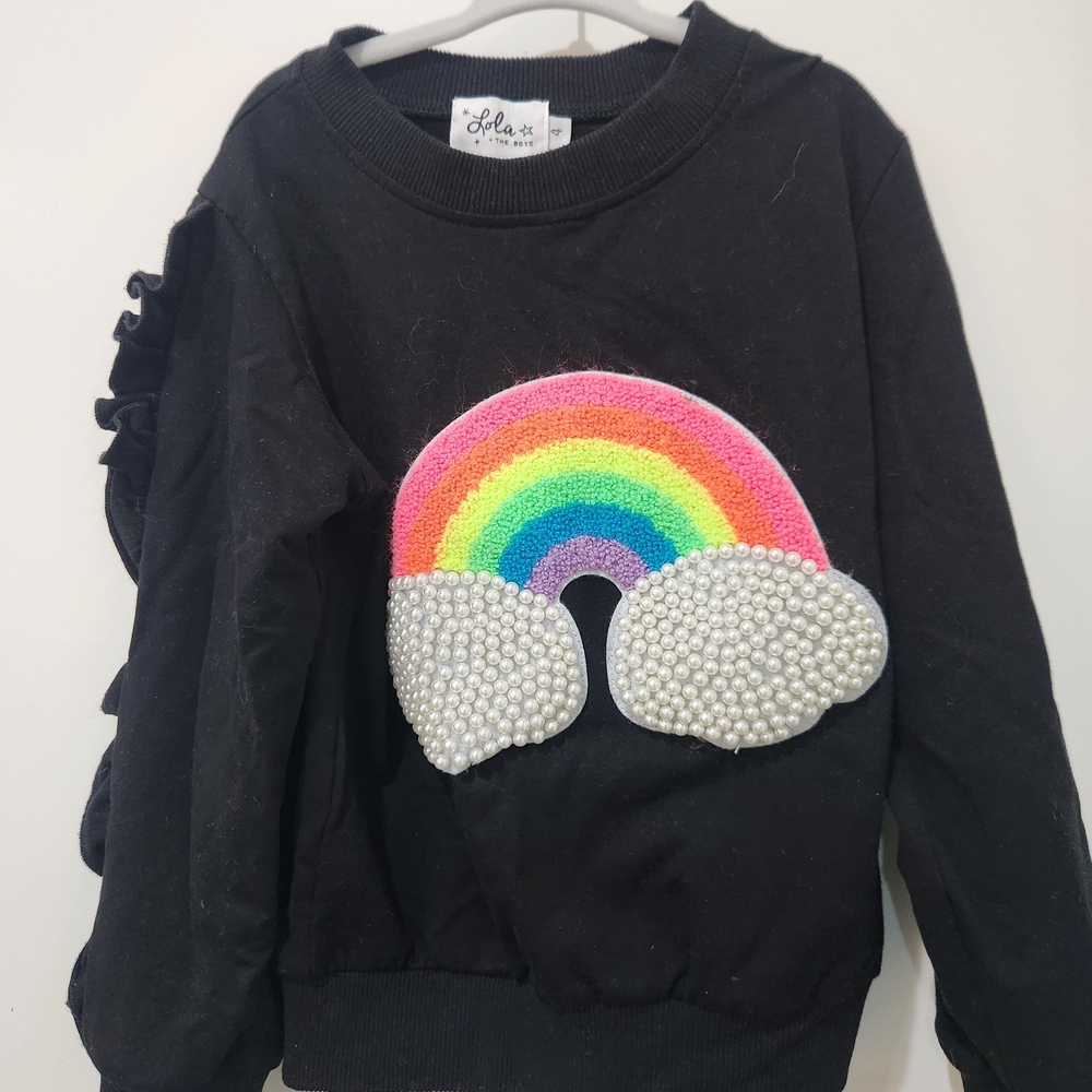Lola + The Boys Black Sweatshirt with Rainbow and Pearls